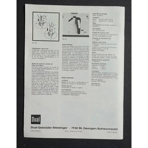 Vtg Daul 1218 Hi-Fi Automatic Turntable Owners Instruction Operator's Manual - Picture 2 of 2